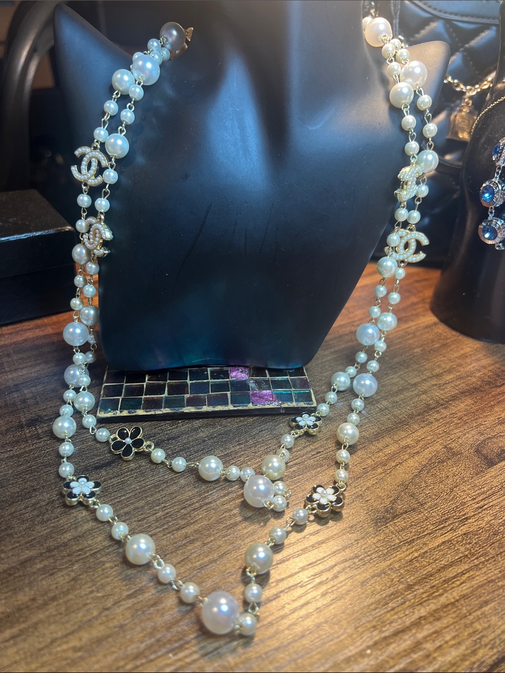 Pearl and Gold-Accent Double Strand Necklace with Black Floral Charms